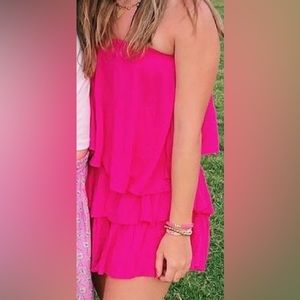 Pink strapless ruffle romper